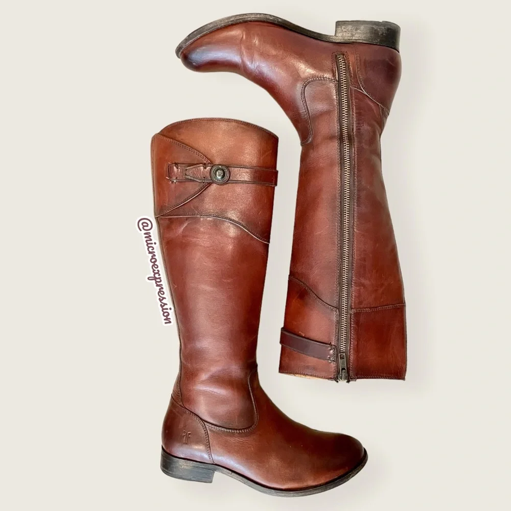Frye Molly Button Brown Leather Tall Knee High Equestrian Zip Up Vintage Boots
